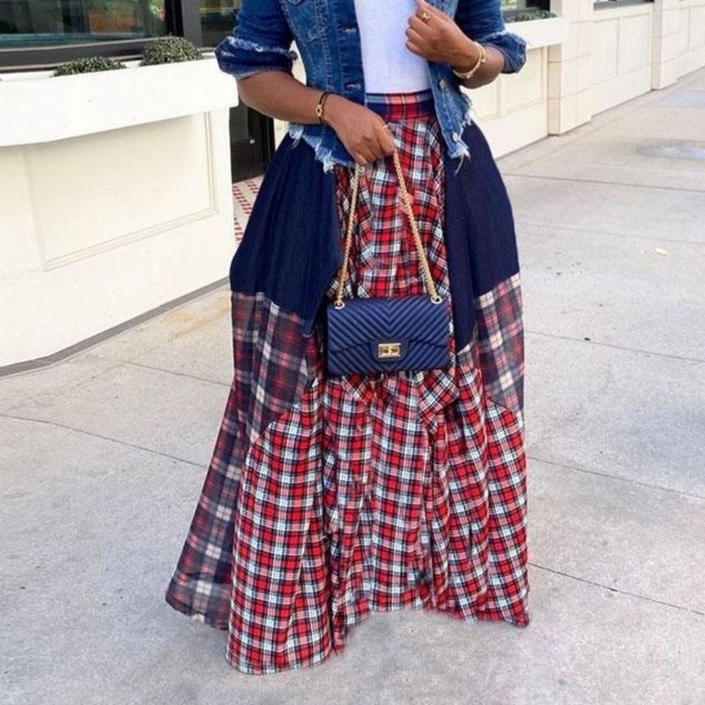 Women's Damsel Plaid Maxi Skirt in Red and Blue